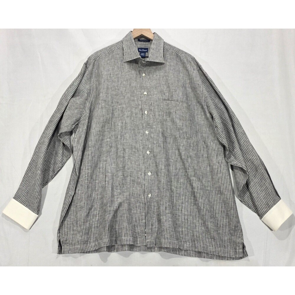 Paul Fredrick 100% Linen Shirt Mens XXLT Gray White Striped Resort Beach Casual